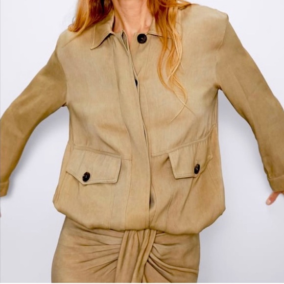 NWT Zara Jacket adjustable hem tan brown drawstring button front women’s S - Picture 9 of 9